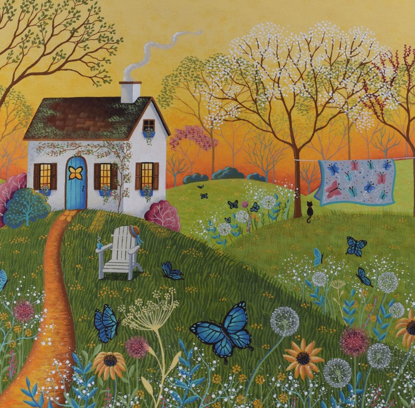Painting of a white cottage with butterflies in a flower-filled meadow under a golden sky