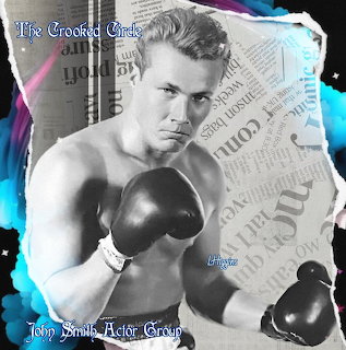 Vintage black-and-white boxer portrait with gloves over a newspaper collage and colorful painted border