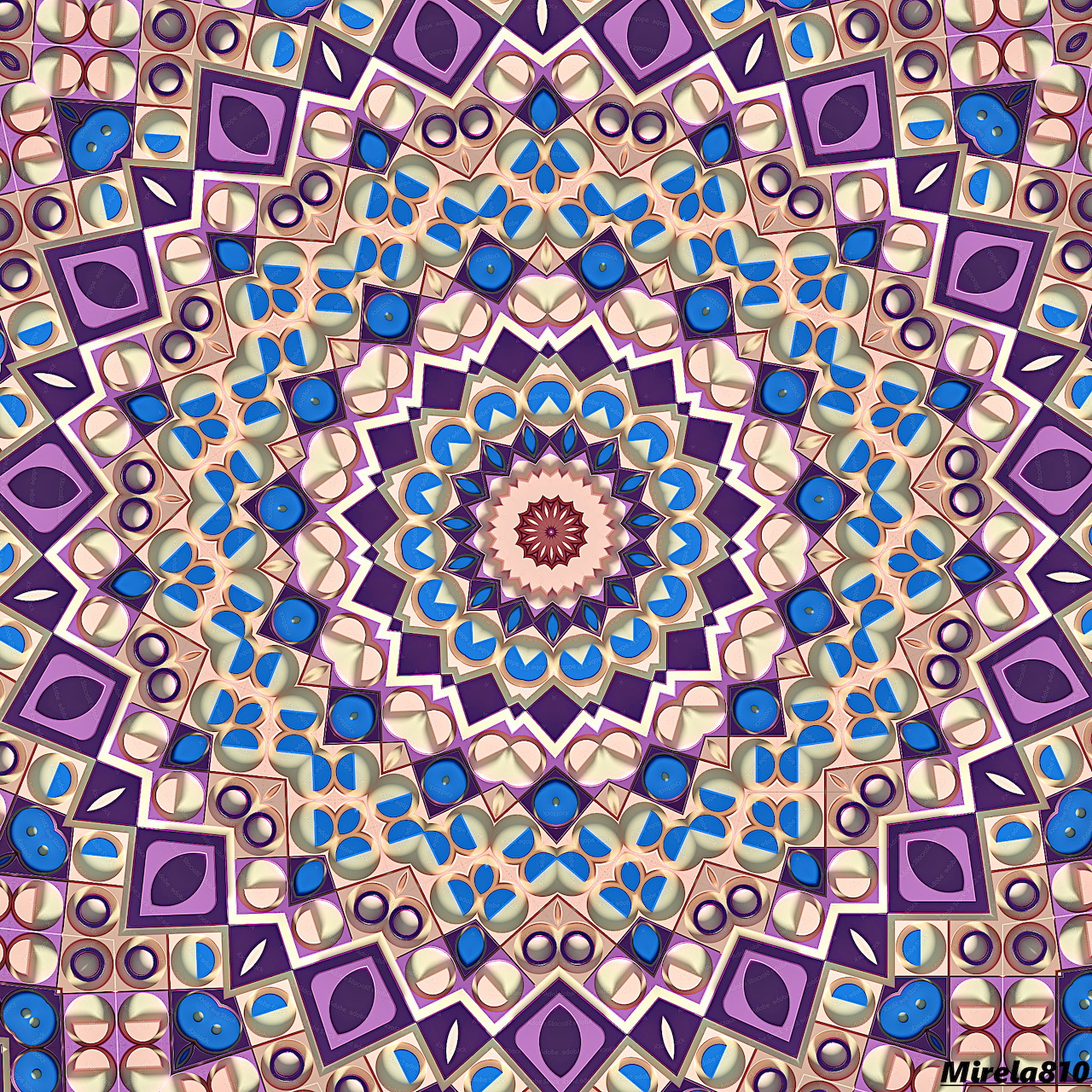 Colorful geometric mandala with purple squares, blue diamonds, and beige patterns in radial symmetry