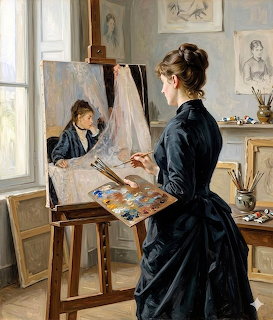 Woman in dark dress painting at an easel in a sunlit art studio with sketches on the wall