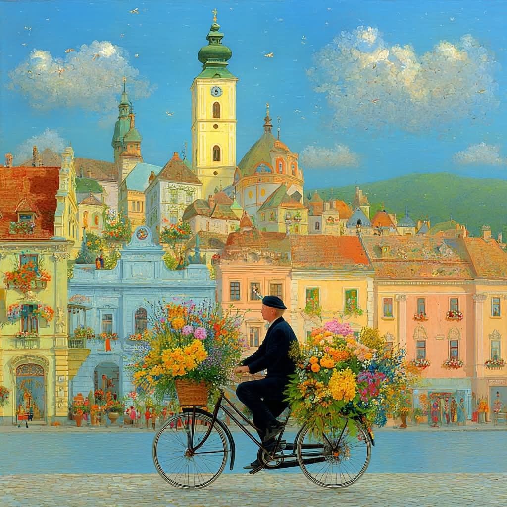 Painting of a florist on a flower-filled bicycle in a pastel town square