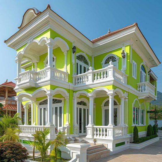 Bright lime green two-story house with white balconies, arches, and steps