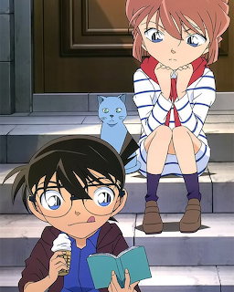 Anime characters from Detective Conan sitting on steps with a blue cat, book, and ice cream cone