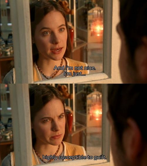 Two TV stills of a young woman with a subtitle about being susceptible to guilt, from Wonderfalls