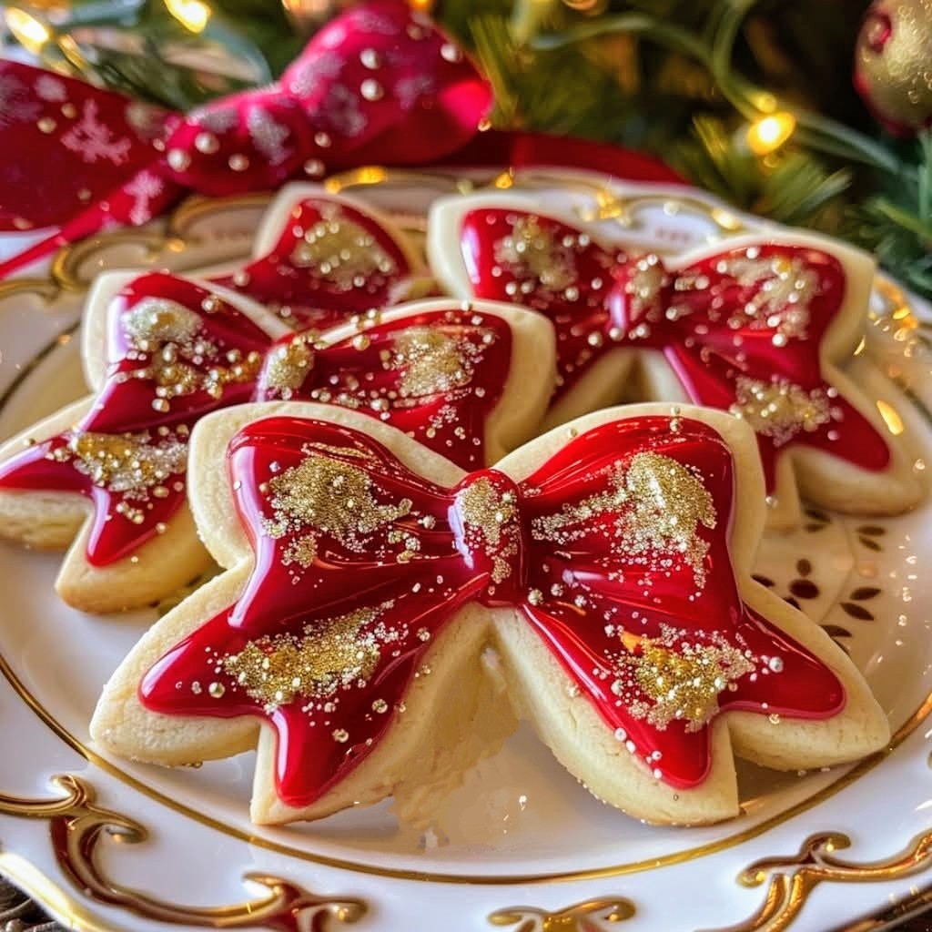 Red bow-shaped Christmas cookies with gold glitter on decorative plate with holiday lights