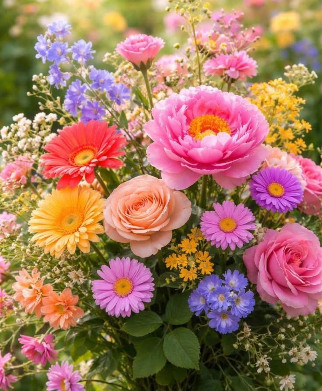 Colorful bouquet of pink, purple, yellow, and orange flowers with green leaves