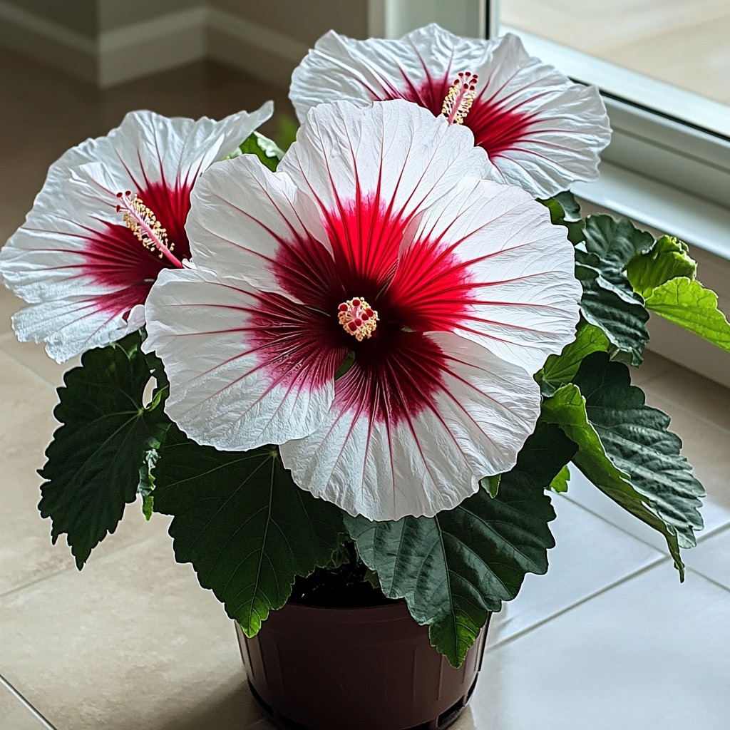 White hibiscus flowers with red centers in dark pot by window