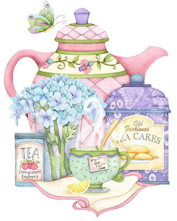 Watercolor still life with pink teapot, blue hydrangeas, teacup, and vintage tea and cake tins in soft pastel colors