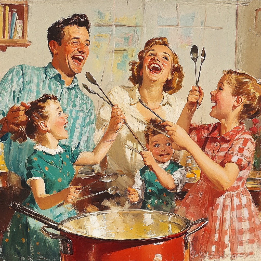 Vintage Family Cooking Together