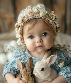 Baby in floral bonnet holding two baby rabbits, soft portrait