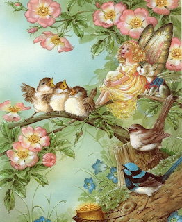 Fairy in yellow dress on flowering tree branch with birds and nest, vintage illustration style