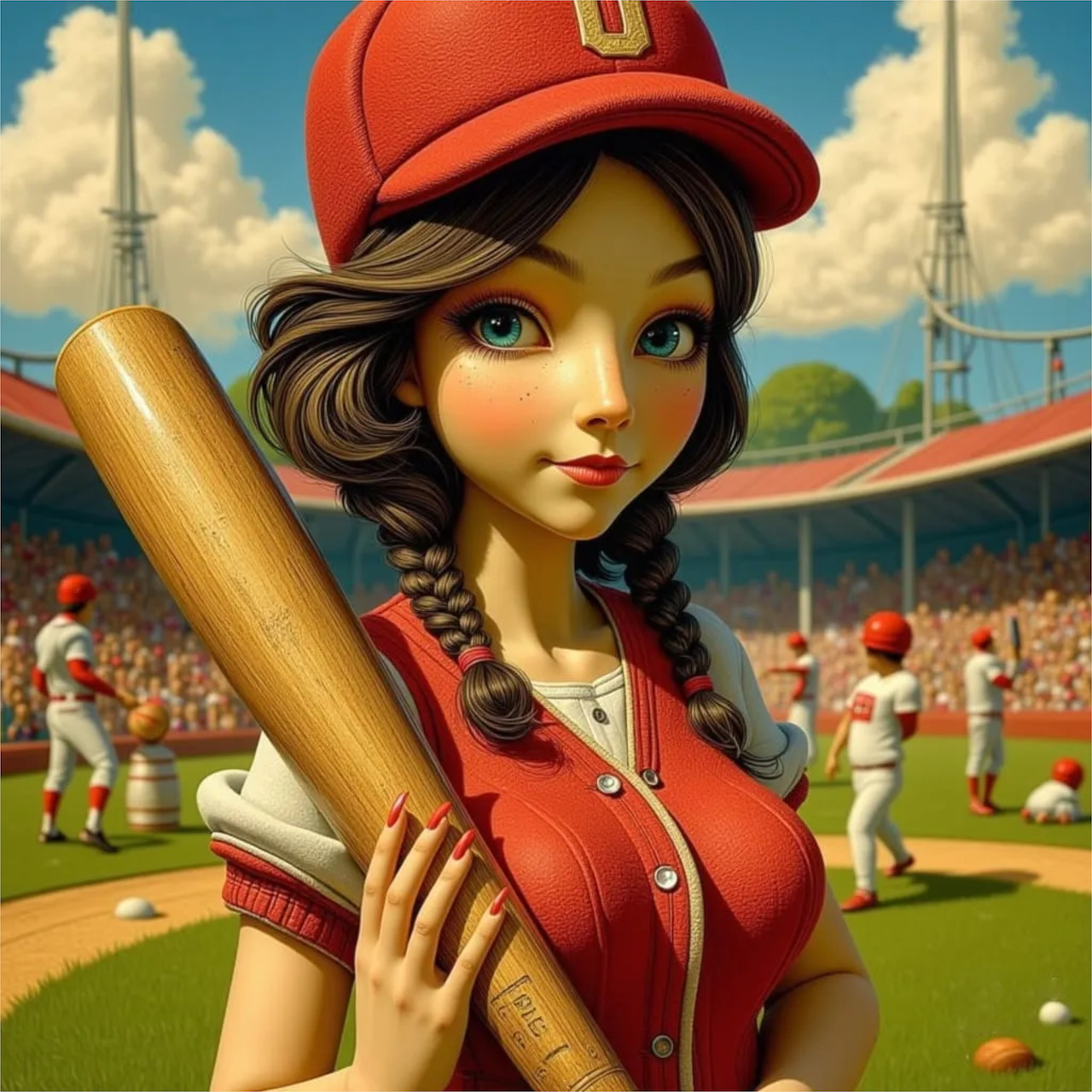 Animated girl in red baseball cap and uniform holding bat at stadium