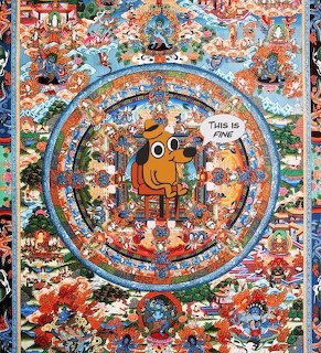 Dense circular mandala with cartoon character at center surrounded by concentric rings packed with tiny illustrated people and objects