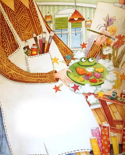 Cartoon frog character painting on a canvas in a colorful art studio with supplies and easel