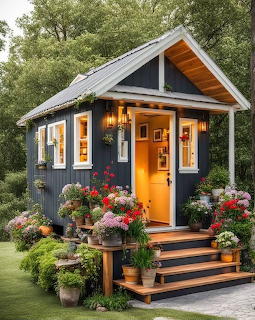 Small blue cottage entrance with lit doorway, wooden steps, and many potted flowers