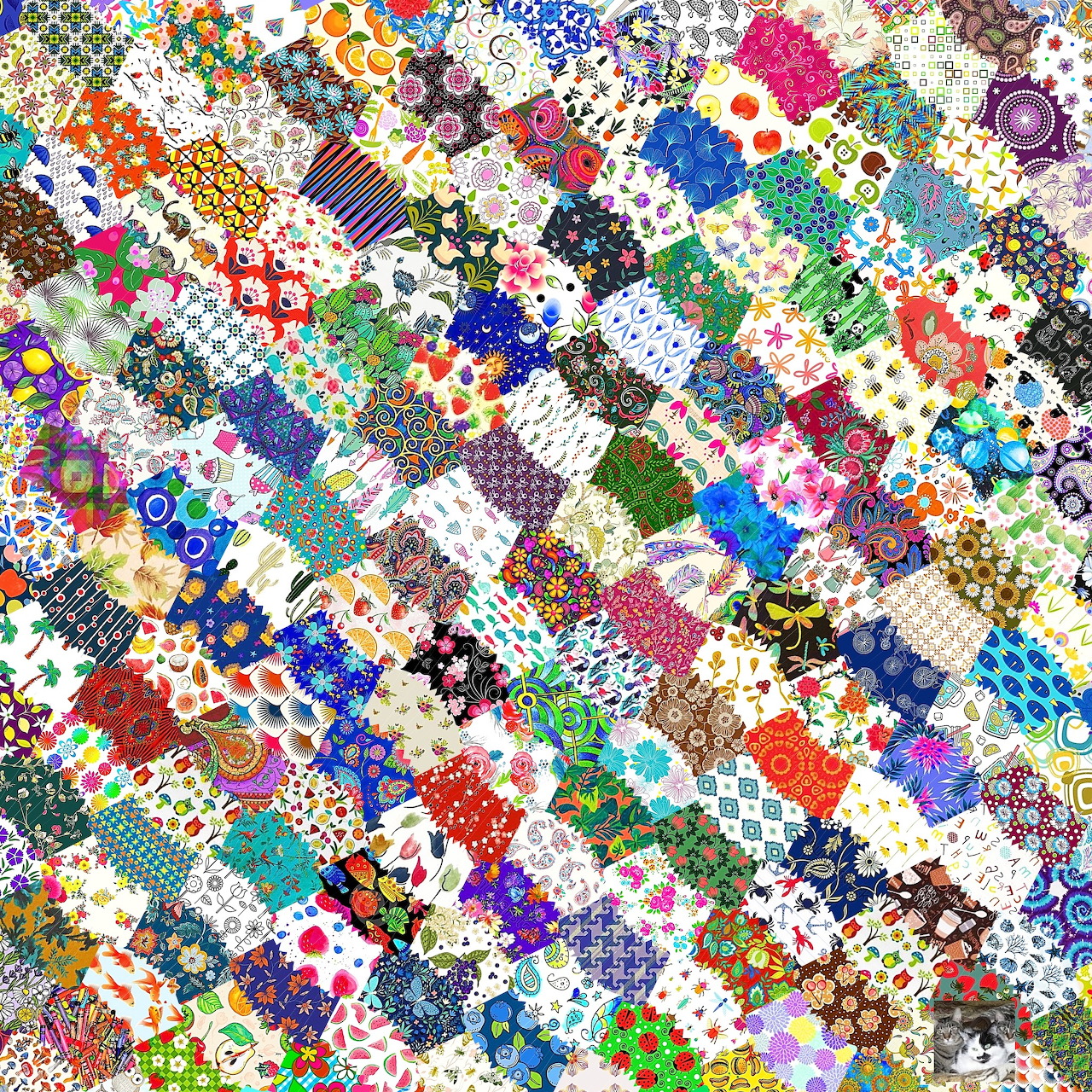 Colorful patchwork collage of many small patterned squares with floral and geometric designs
