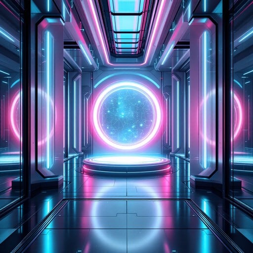 Luminous circular portal with neon pink and blue lights in a symmetrical sci-fi hallway with reflective tile floor