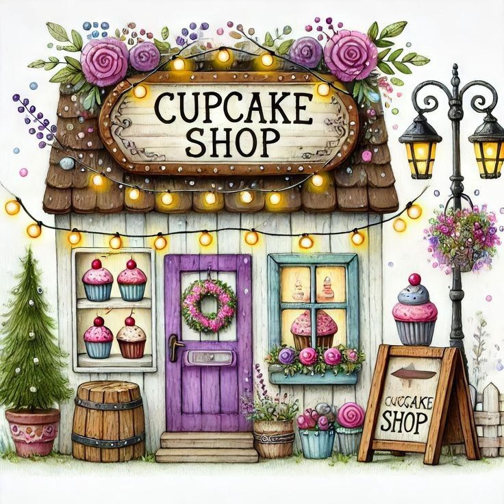 Whimsical cupcake shop illustration with purple door, flowers, and string lights