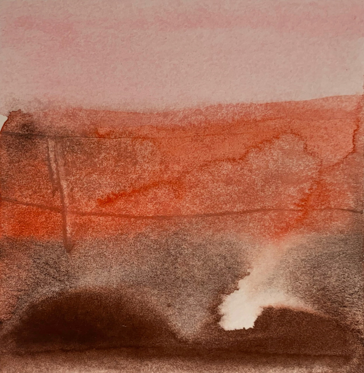 Abstract watercolor painting with red and brown layers and a white plume over dark shapes