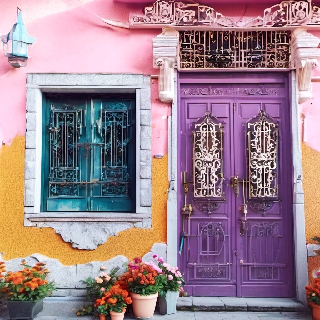 Colorful building facade with purple ornate doors, turquoise window, and flower pots on pink and yellow walls