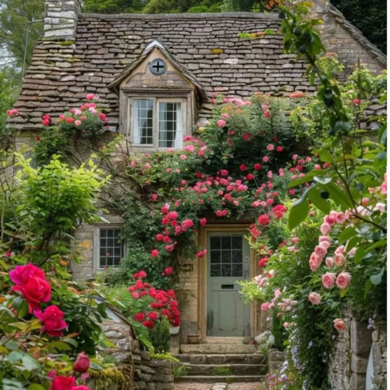 Stone cottage with climbing roses and garden plants framing the entrance
