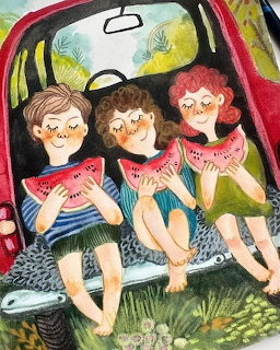 Watercolor illustration of three kids eating watermelon in the trunk of a red car