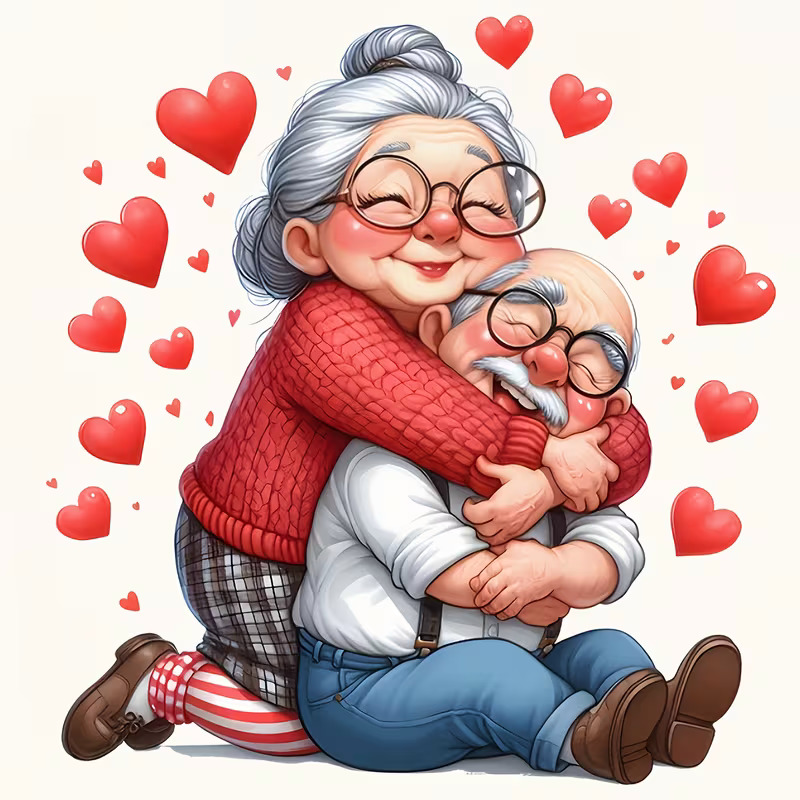Elderly couple hugging with red hearts around them