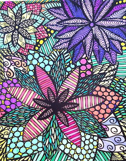 Colorful zentangle flowers with detailed geometric patterns and decorative line work on black background