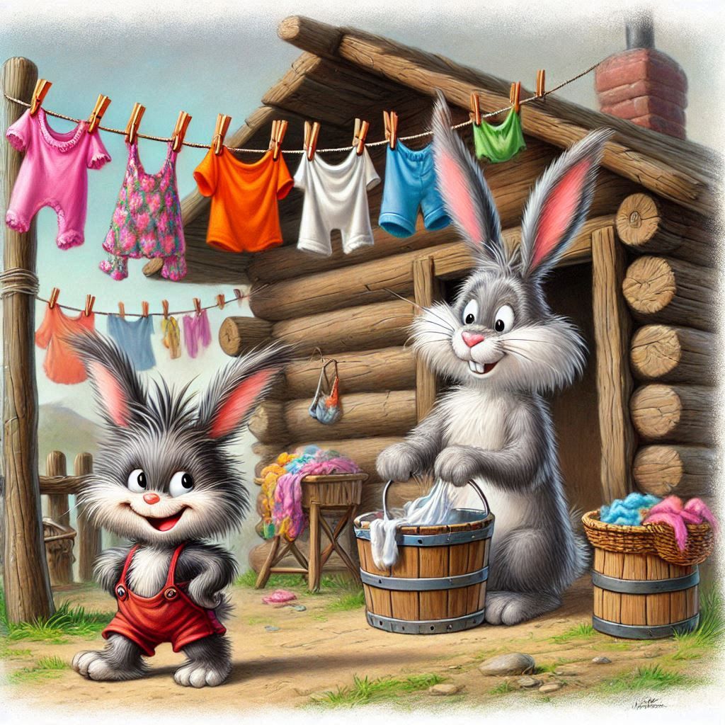 Two animated rabbits doing laundry outdoors, hanging clothes on a line in front of a log cabin