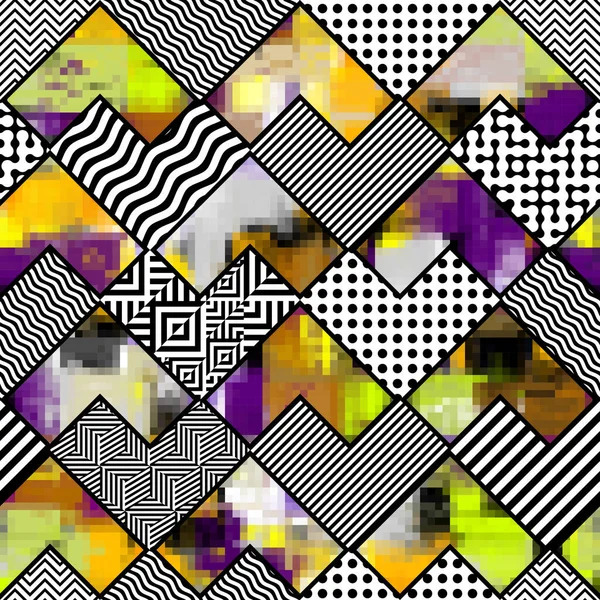 Abstract collage of diamond shapes with purple-yellow gradients on black-white geometric patterns