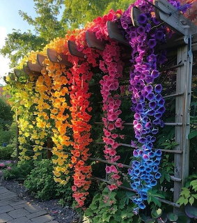 Vertical rainbow gradient of colorful flowers arranged in columns on an outdoor wall