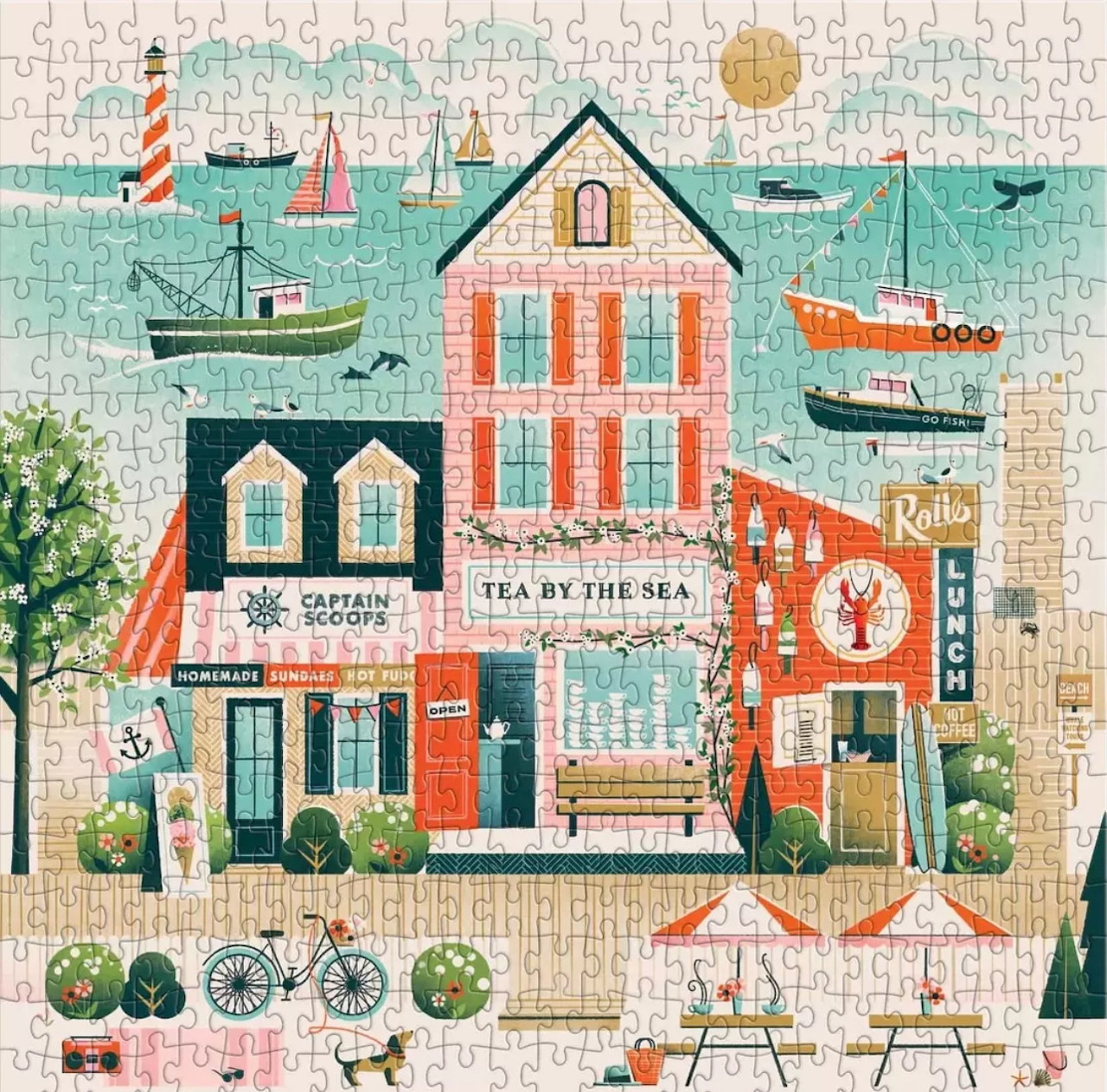 Illustrated seaside street with pastel buildings, boats, lighthouse, and coastal shops