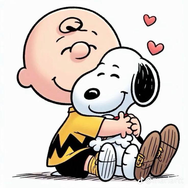 Charlie Brown hugging Snoopy in a simple cartoon illustration with small hearts