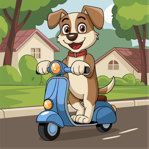 Cartoon Dog Riding Blue Scooter