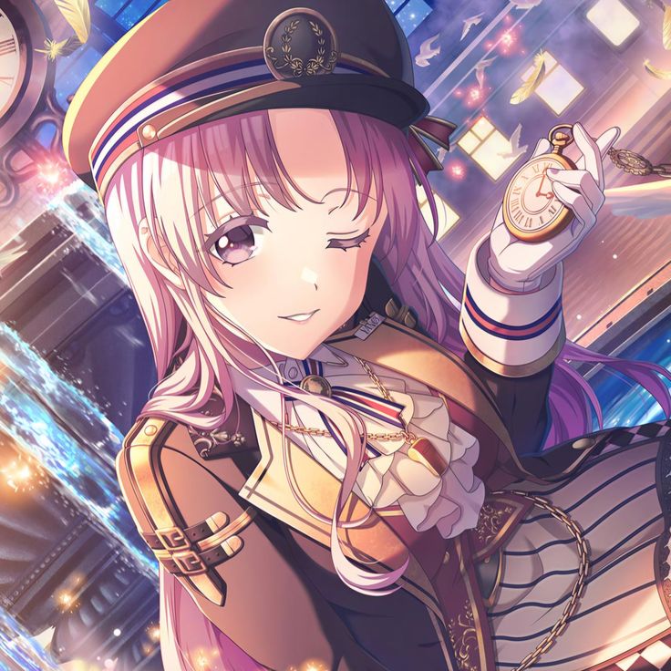 Anime girl with pink hair wearing a uniform cap and gloves against a sparkling background