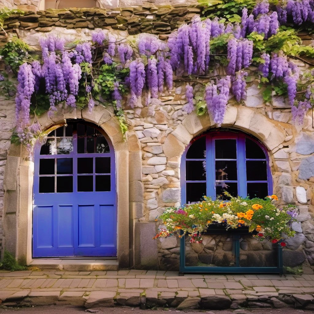 Stone house with purple wisteria draping over blue door and window, yellow flowers in window box below