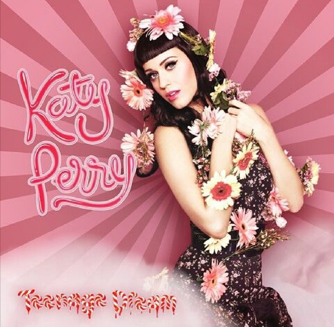 Stylized portrait of Katy Perry with flowers on a pink starburst background