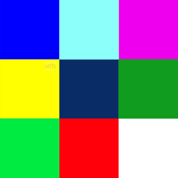 Grid of nine solid color squares in blue, cyan, magenta, yellow, navy, green, lime, red, and white