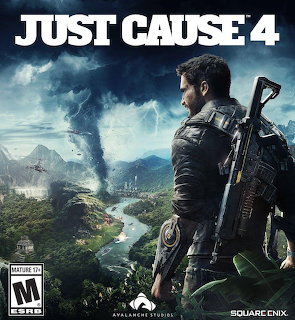 Just Cause 4 game cover art showing armed hero with tornado and jungle landscape in background