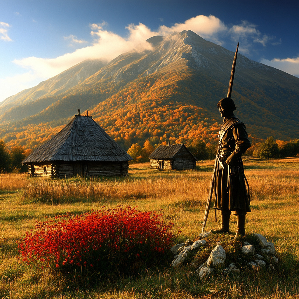 Warrior statue with spear overlooking traditional village huts and mountain in autumn light