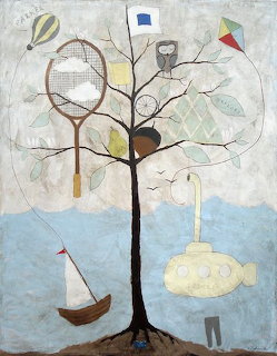 Whimsical painted tree with hanging objects like a kite, balloon, racket, sailboat, and submarine over water