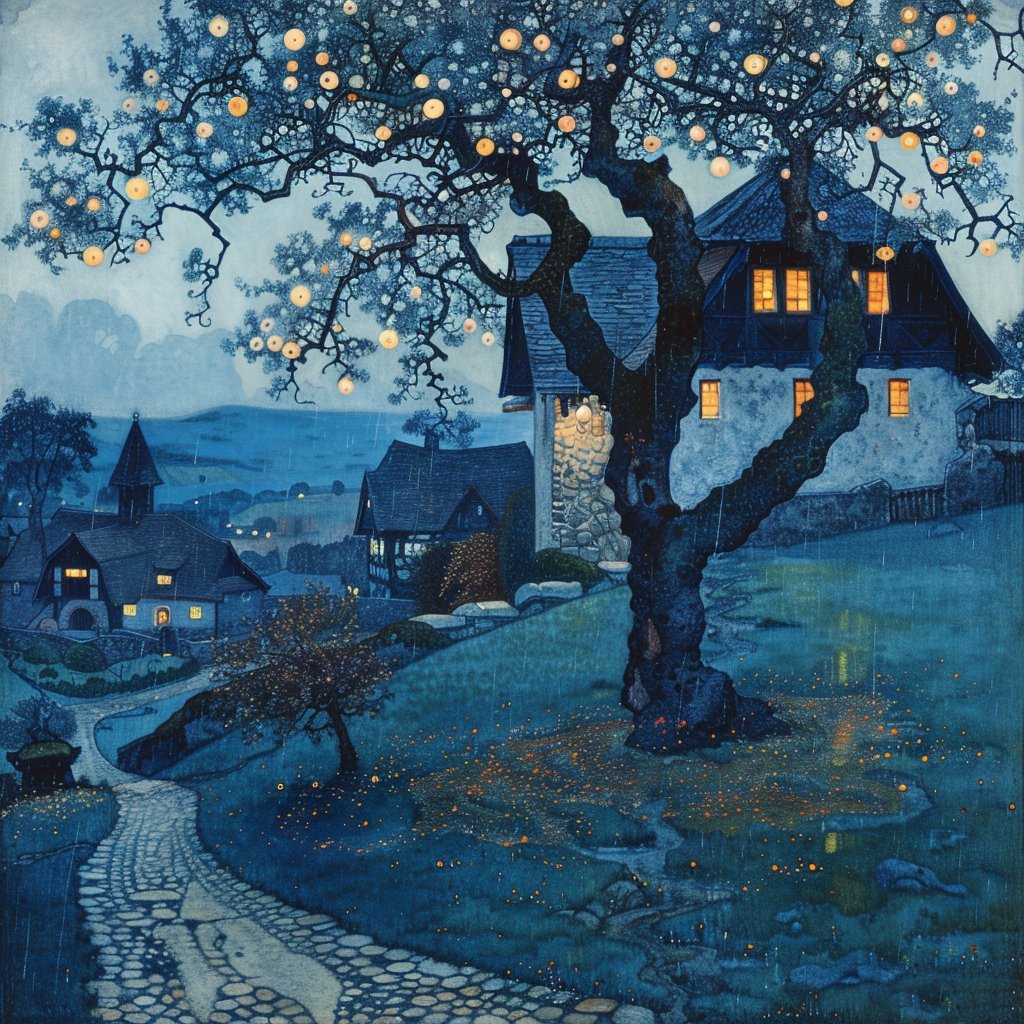 Evening village with lit windows beneath flowering tree in rain, winding path through misty blue hills