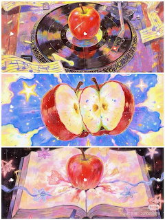 Colorful triptych illustration of red aples on a vinyl record, sliced against stars, and on an open book