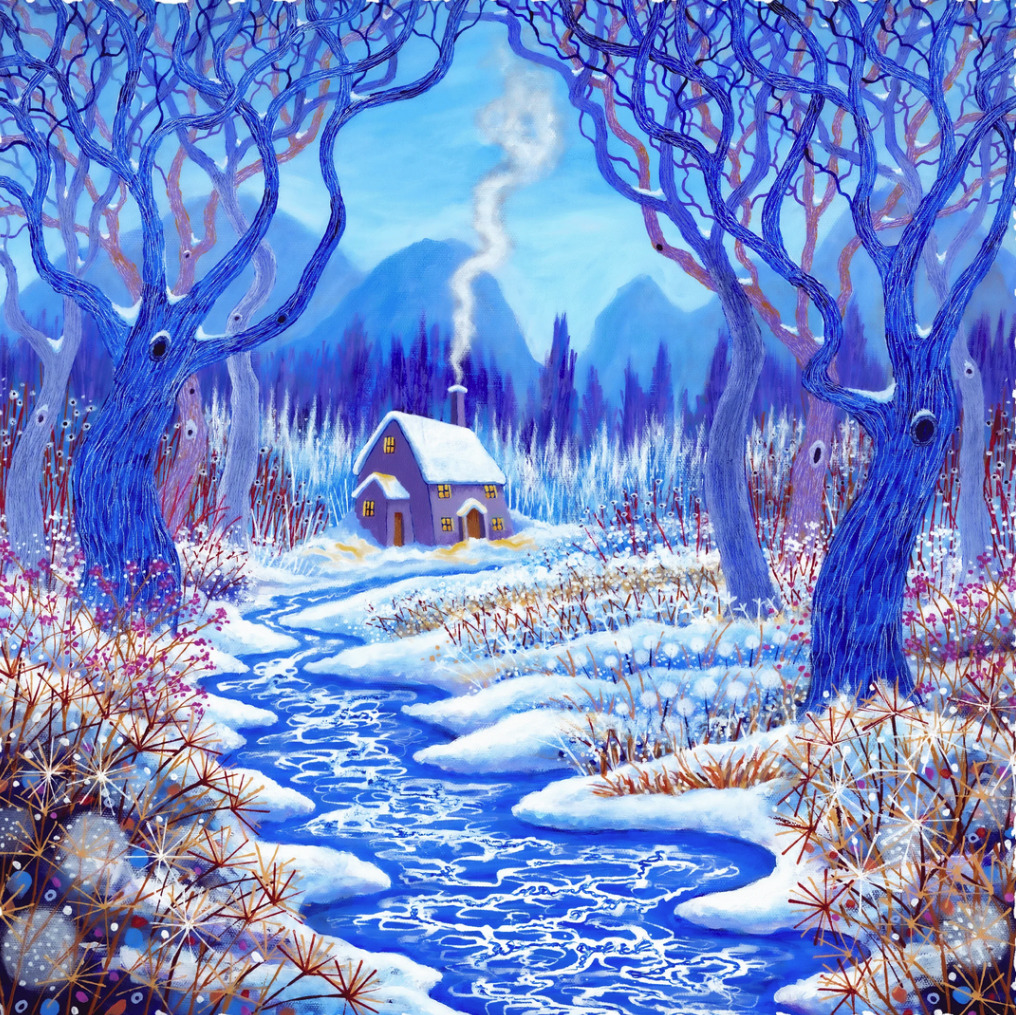 Blue winter painting with a snowy cottage, winding stream, bare trees, and frosty plants