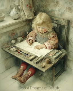Little Girl Painting at Desk
