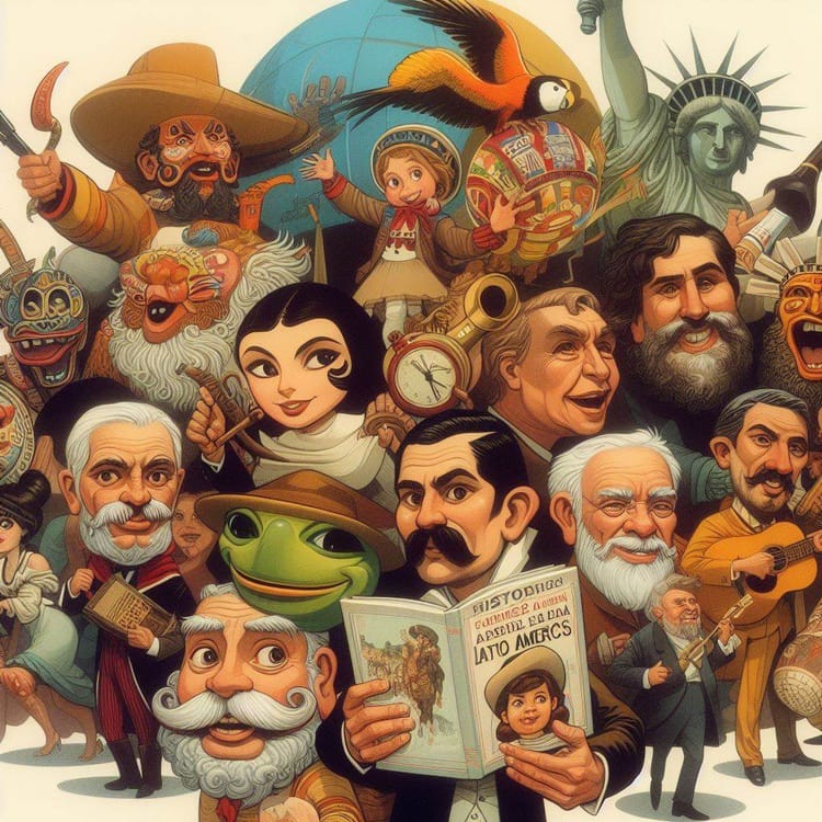 Colorful illustrated collage of many stylized characters, including a pirate, frog, musicians, and Statue of Liberty