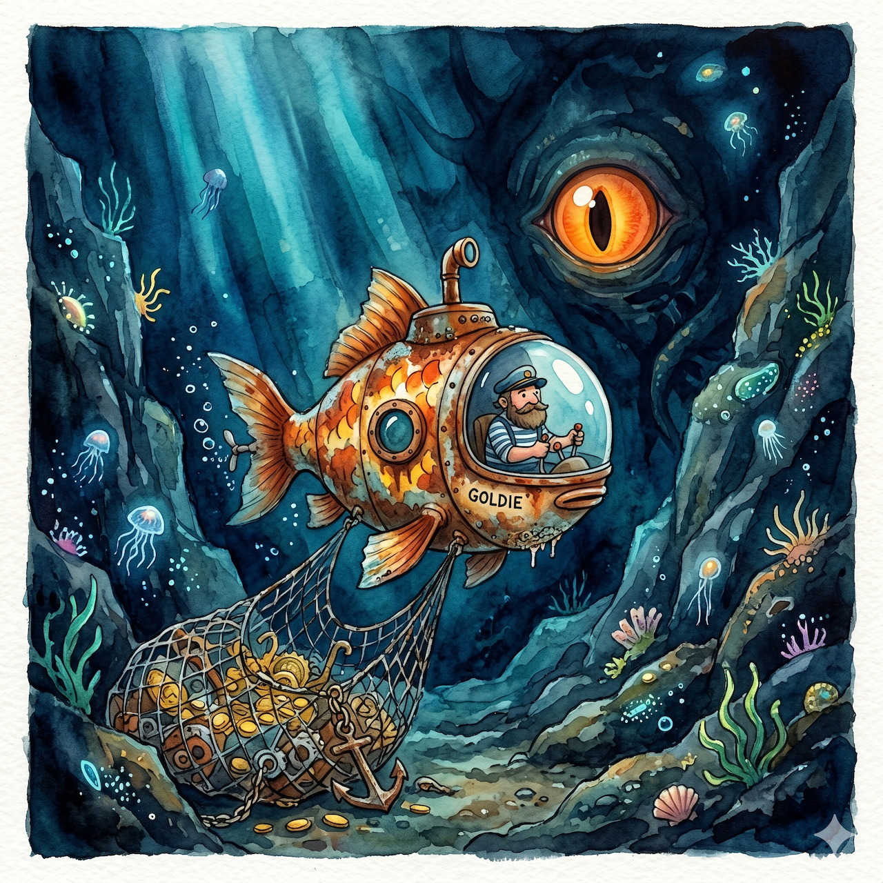 Illustrated diver in a fish-shaped submarine underwater near a net of coins in a sea cave