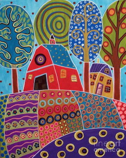 Colorful folk art barn with patterned trees and patchwork fields