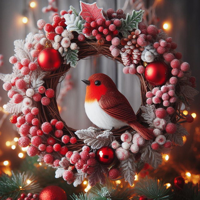 Red cardinal perched in a frosted Christmas wreath with berries and red ornaments
