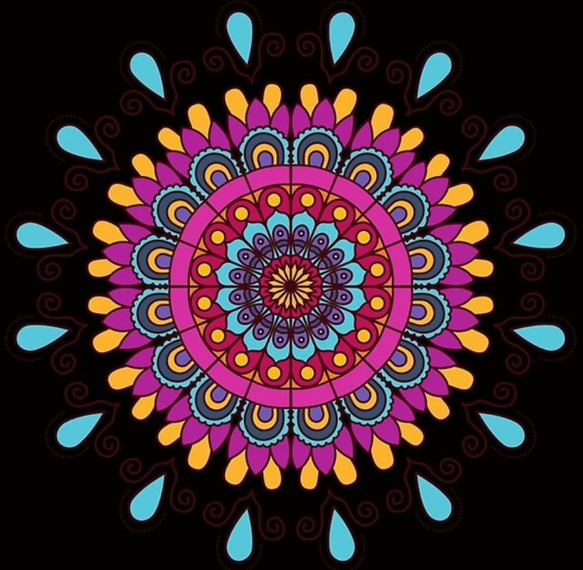 Colorful symmetrical mandala with cyan teardrops and magenta petals on black background